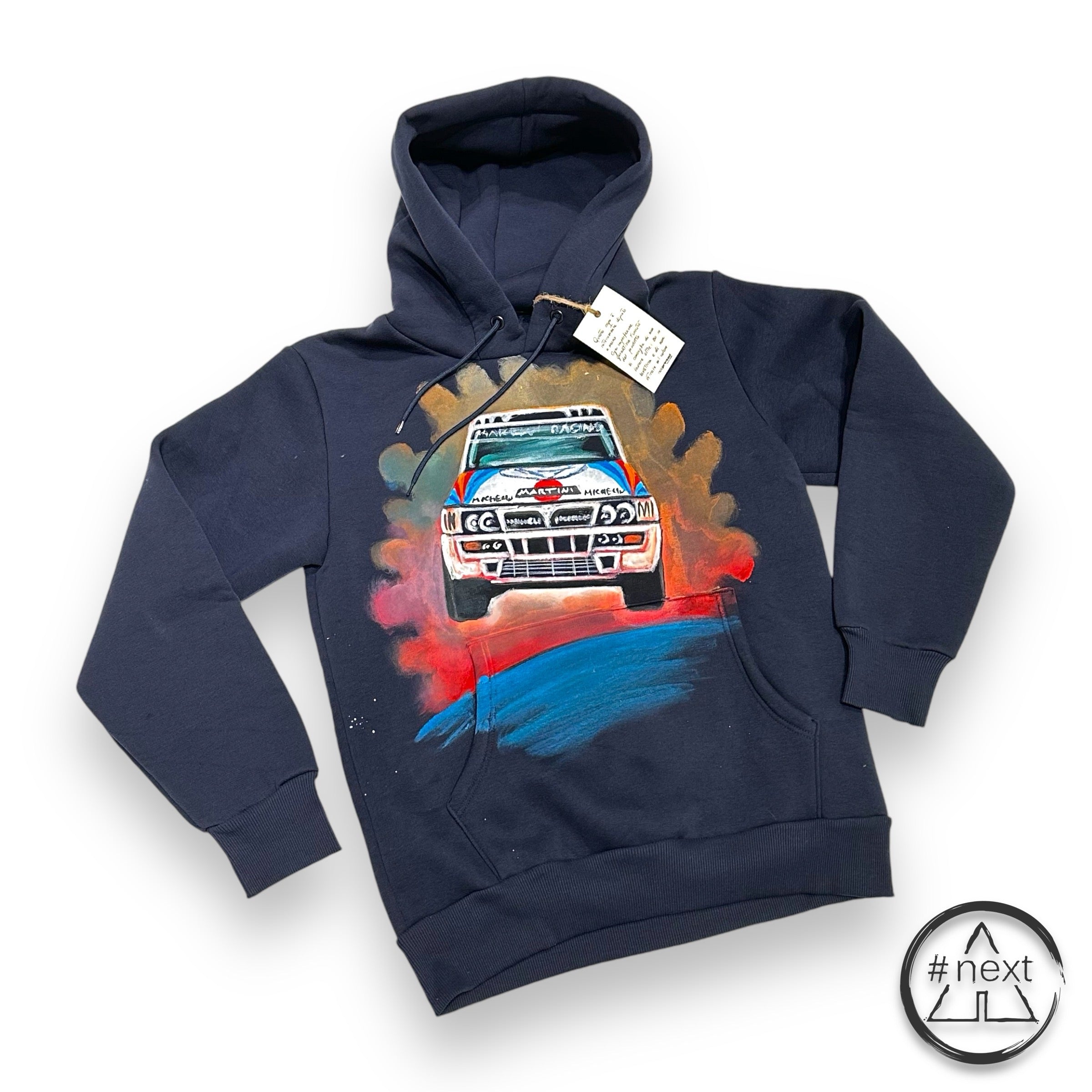 notprinted - Felpa Hoodie cappuccio DELTA rally - Blu navy. (capo dipinto a mano)